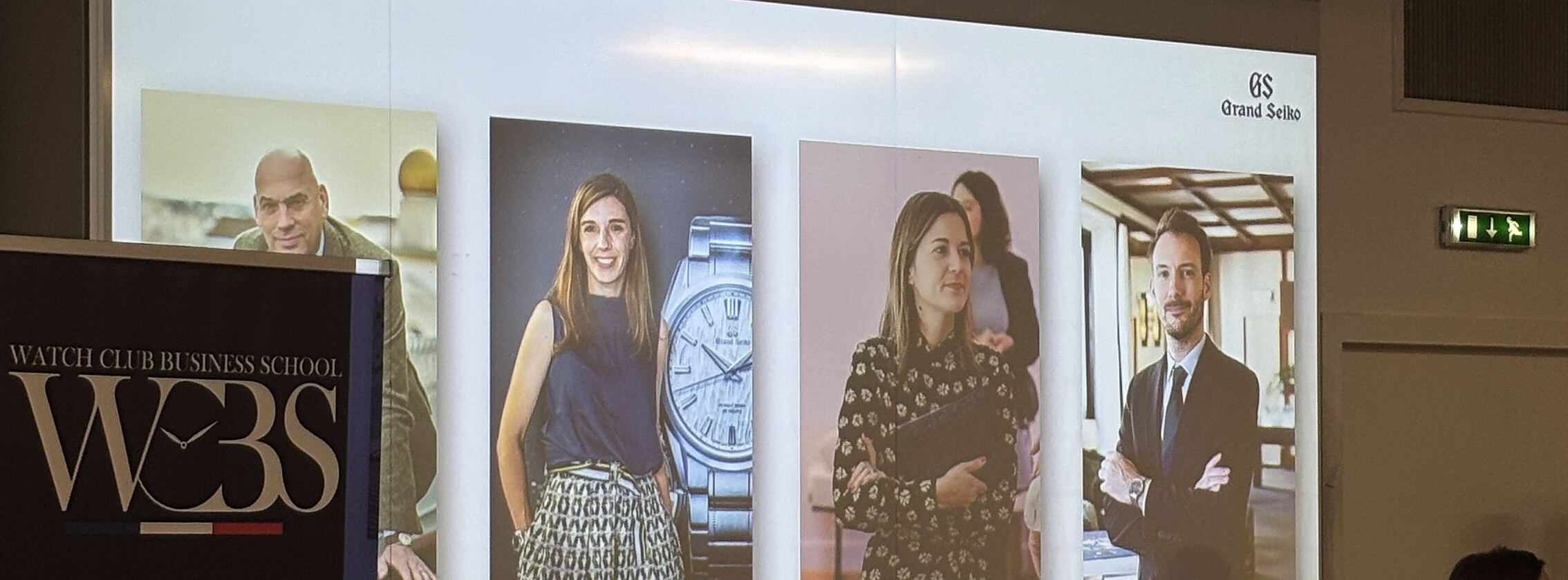 Bannière Grand Seiko lors de la conférence WCBS × EDHEC Watch Club, avec portraits des intervenants