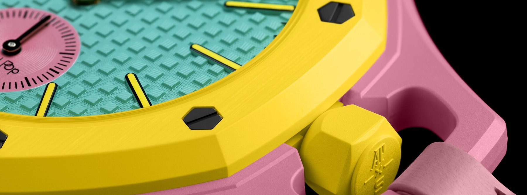 Swatch × Audemars Piguet : la Royal Pop Gros plan sur le boîtier d'une Audemars Piguet x Swatch Royal Pop, lunette jaune et cadran turquoise