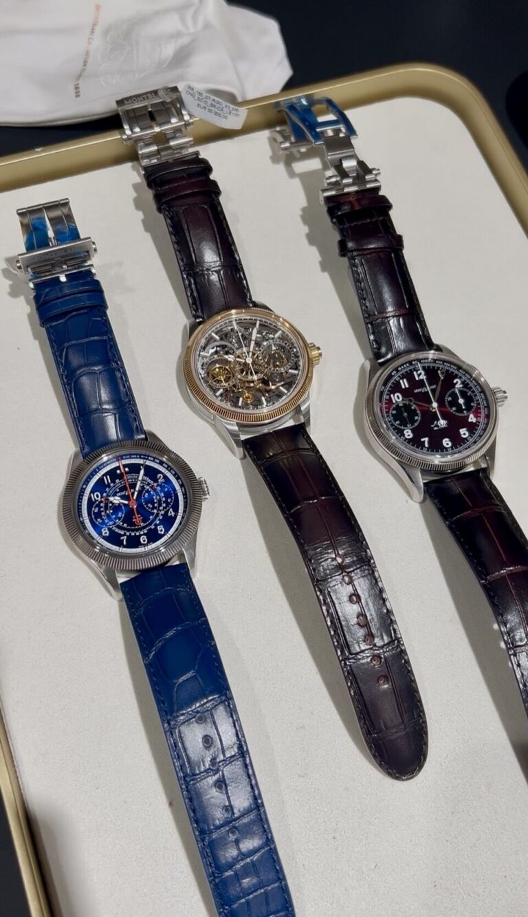 Trois chronographes Montblanc 1858 présentés sur un plateau lors de la soirée WCBS