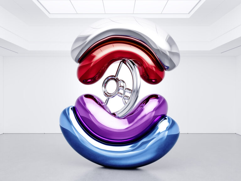 Une sculpture Balloon Dog de Jeff Koons en rouge, violet et bleu