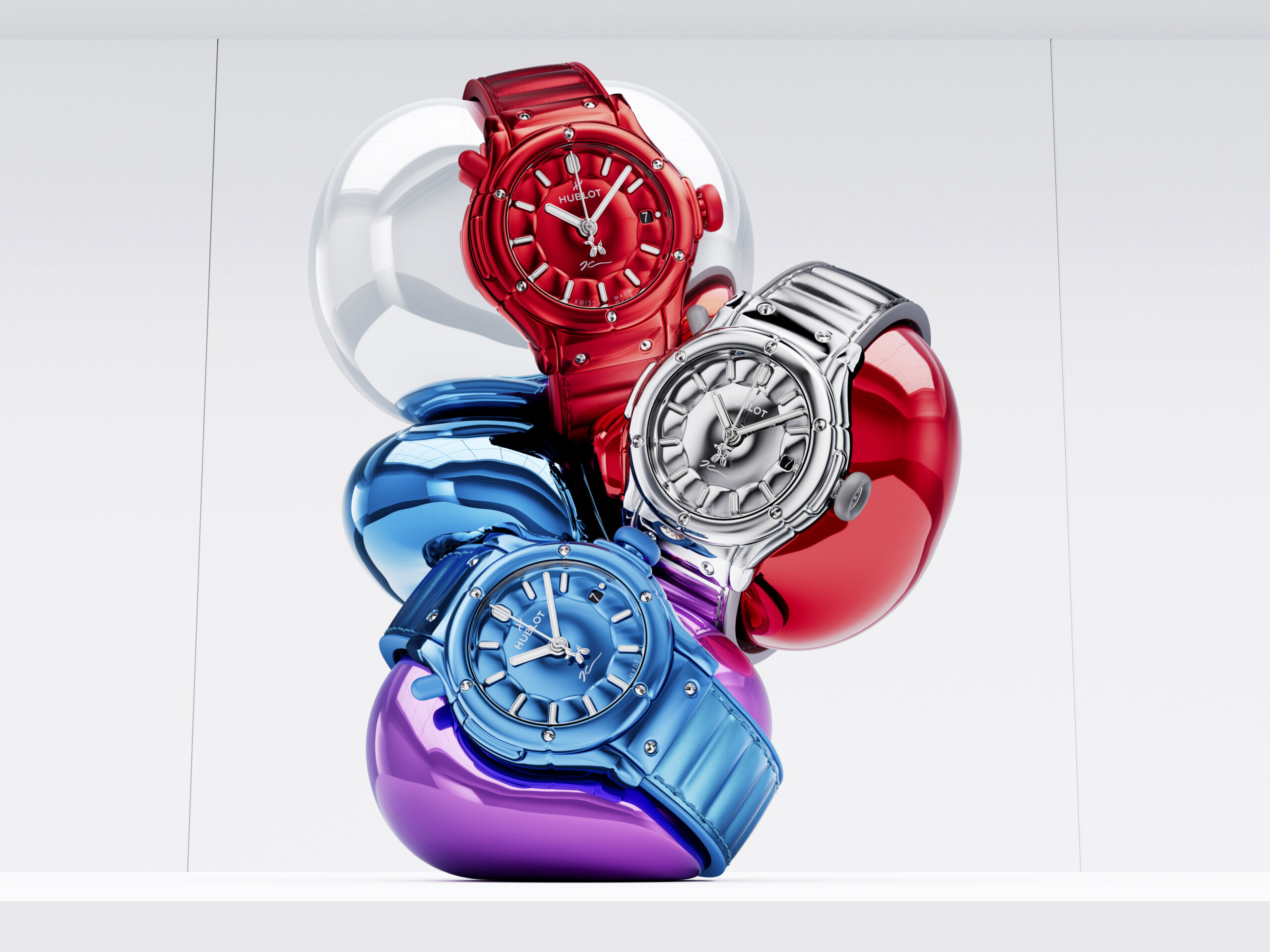 Les trois éditions de la Hublot Classic Fusion Balloon Dog by Jeff Koons, rouge, argentée et bleue