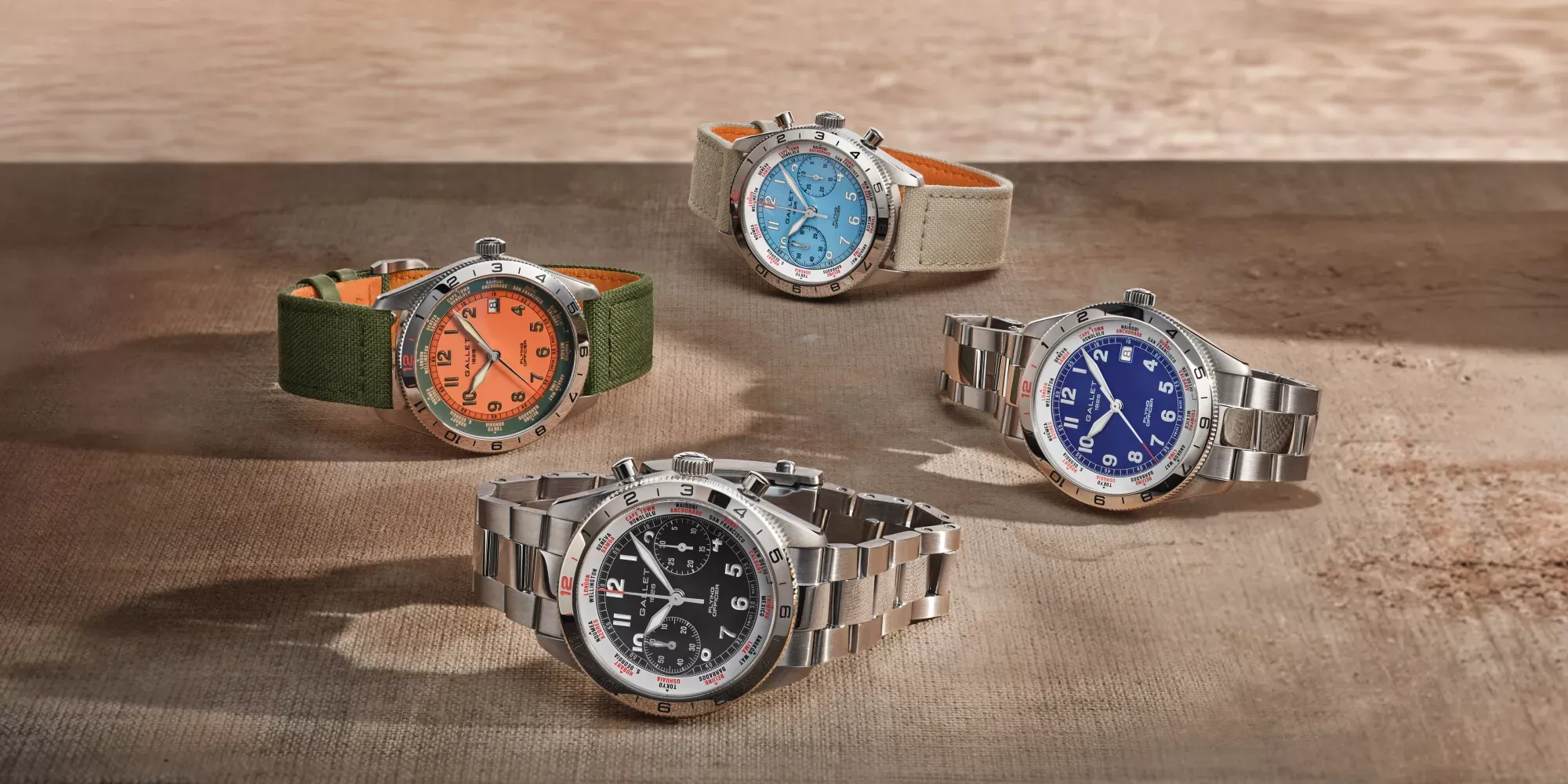 La gamme Gallet Flying Officer, orange, bleu et acier