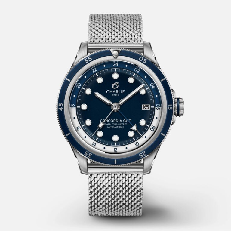 La Concordia GMT Antarctic Blue sur bracelet milanais, guichet de date à 3 heures