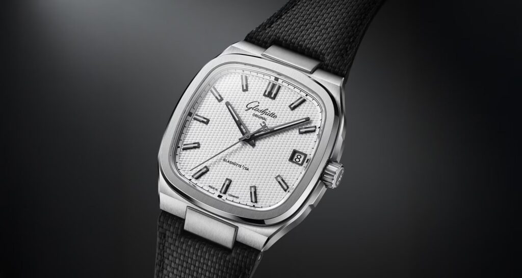 Glashütte Original 70s Collection Détail du cadran brun de la 70s Tweed Amp inspiré des amplis de guitare