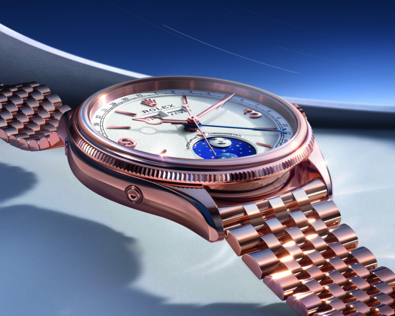 Rolex Perpetual Padellone : la porte refermée en 1953 vient de se rouvrir La Perpetual Padellone en or Everose sur bracelet Settimo, vue de trois quarts, cadran blanc intense