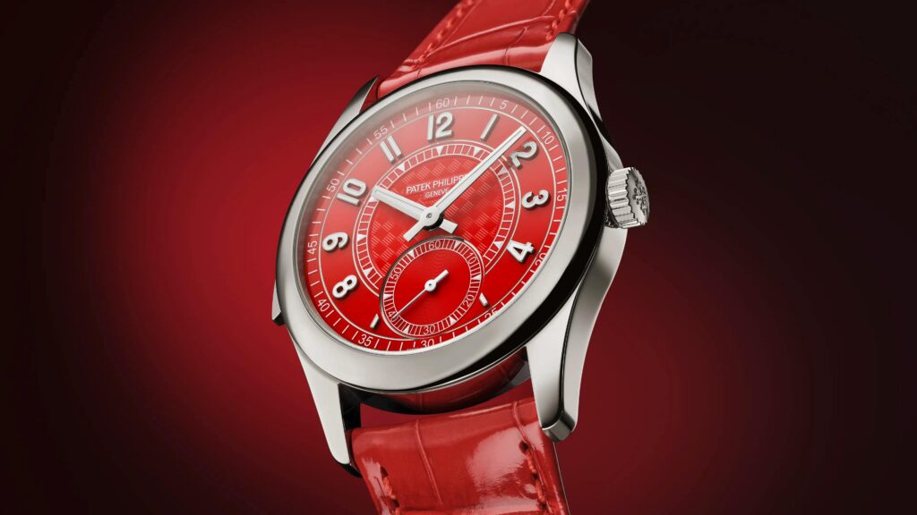 Patek Philippe dévoile sept éditions limitées à Milan La Patek Philippe 7047G à cadran rouge et bracelet alligator rouge, de face