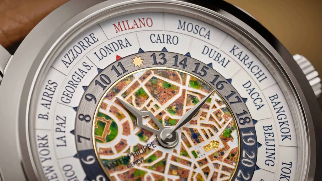 Patek Philippe dévoile sept éditions limitées à Milan Détail de la carte de Milan en émail cloisonné du cadran de la Patek Philippe 5531G