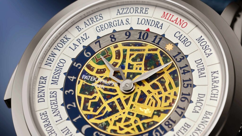 Patek Philippe dévoile sept éditions limitées à Milan Le cadran en émail cloisonné grand feu de la World Time Minute Repeater 5531G, carte de Milan